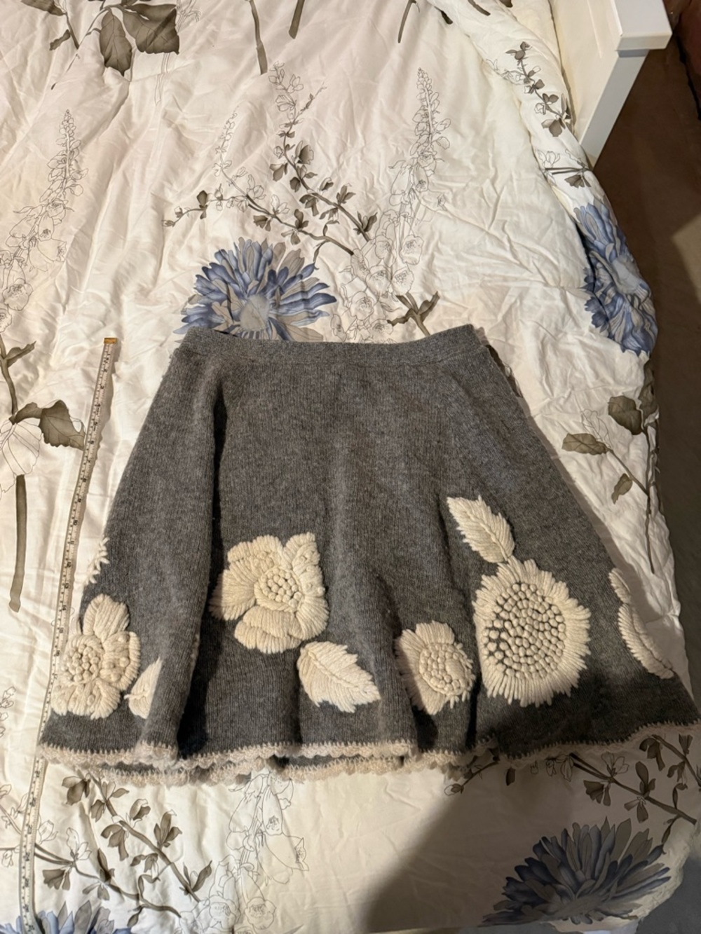 Anthropologie Charlie & Robin Wool-Blend Gray Skirt with Cream Floral Appliqué
